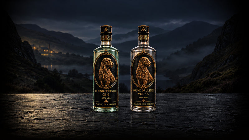 Hound of Ulster Gin and Vodka on a slate ledge in a misty glen at blue hour