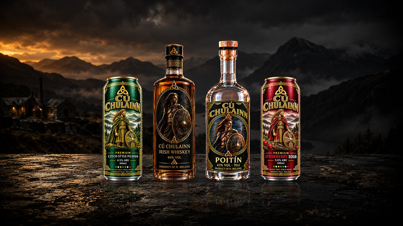 Cú Chulainn Pilsner, Irish Whiskey, Poitín and Strawberry Sour on wet rock below stormy Ulster mountains