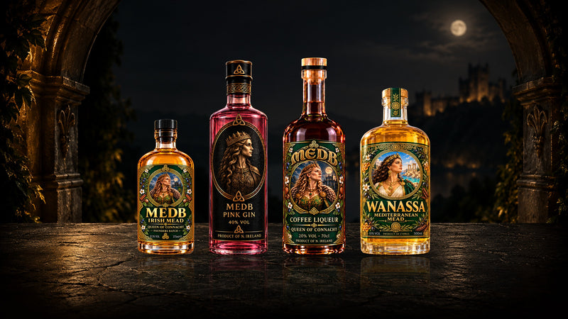 MEDB Irish Mead Founders Batch, MEDB Pink Gin, MEDB Coffee Liqueur and WANASSA Mediterranean Mead under a castle arch by moonlight