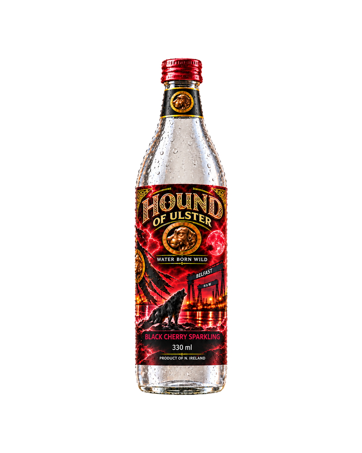 Hound of Ulster Black Cherry Sparkling bottle, Kneecap Drinks